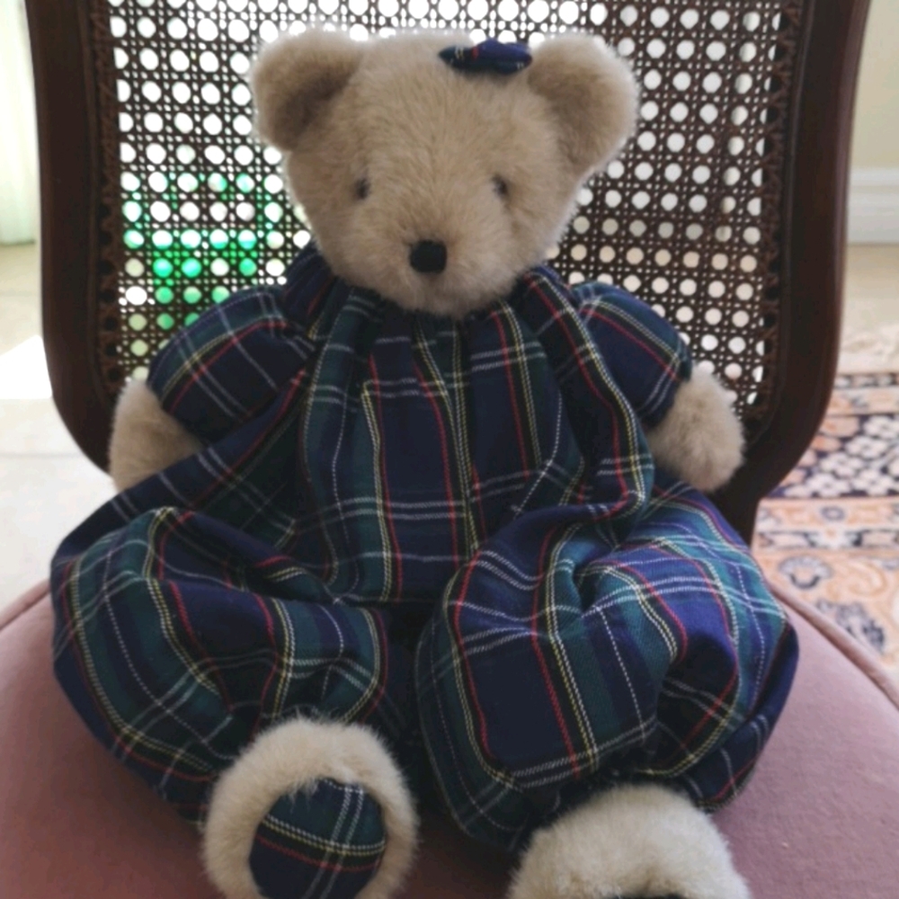 Plush Beige Teddy Bear in Navy Tartan Outfit - Kids Toy